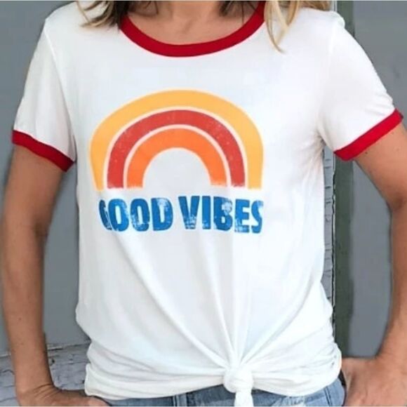 Retro Good Vibes Rainbow Print Ringer T-shirt - Picture 1 of 10